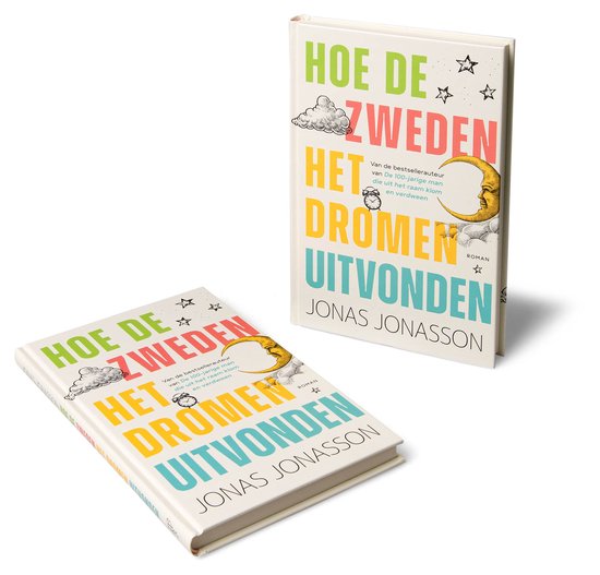 Twee boeken, "Hoe de Zweden het dromen uitvonden" van Jonas Jonasson, met een maan, wolken en sterren op de kaft.