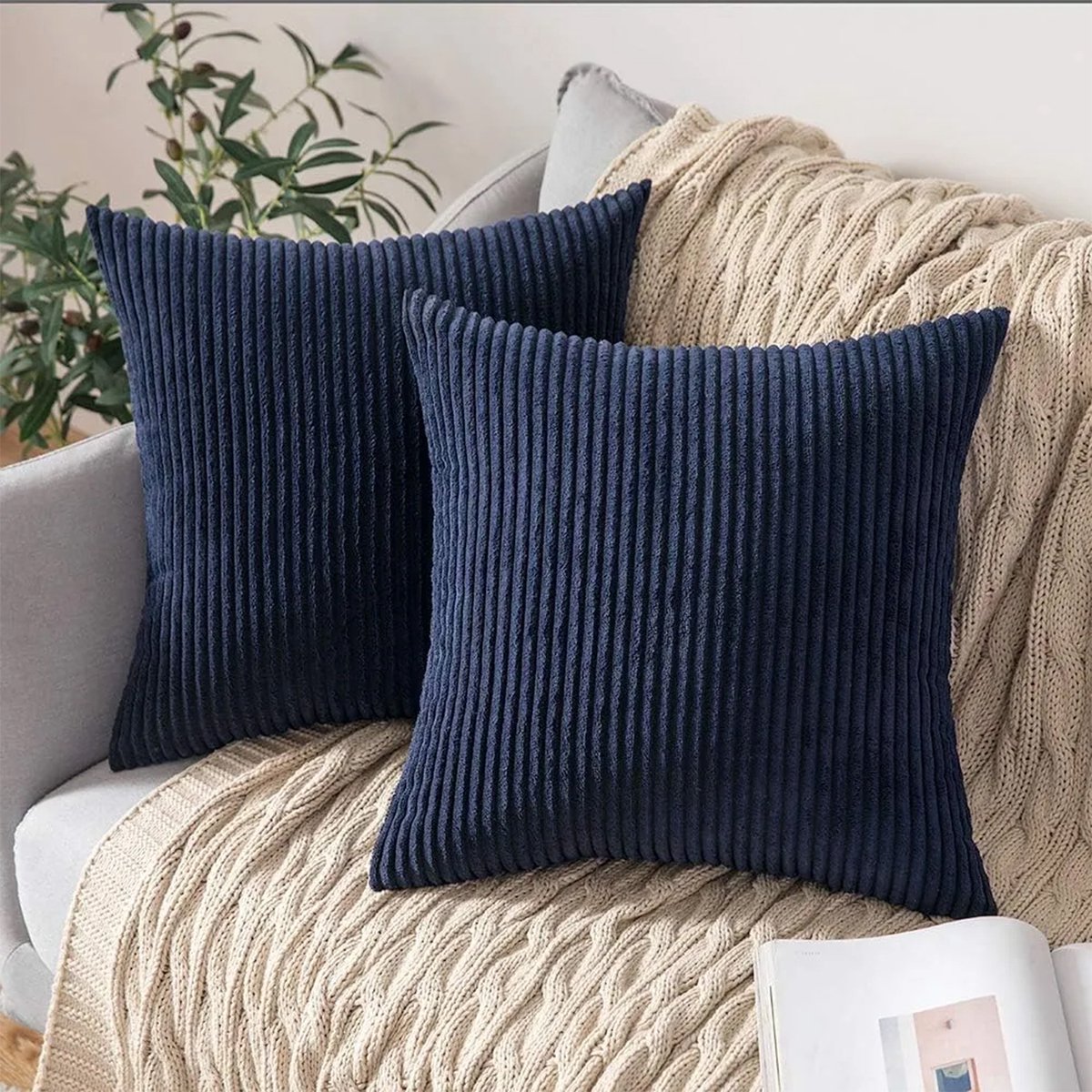 REFTTENW Kussenhoes 45X45 - Set Van 2 Kussenhoesjes - Ribstof Kussenhoes - Antistatische Kussensloops - Kussens Woonkamer - Met Rits - Zonder Binnenkussen - Blauwblauw