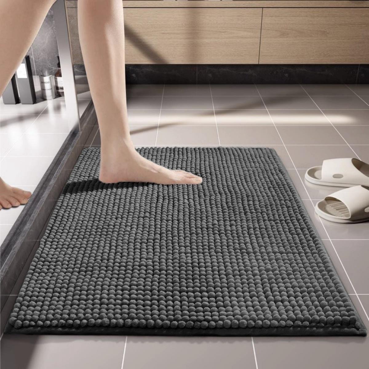 GELLDG Badkamermat - 40x60cm - Antislip - Wasbaar - Zeer absorberend - Zacht - Chenille materiaal - Geschikt voor badranden, wastafel en badkuip - Donkergrijs