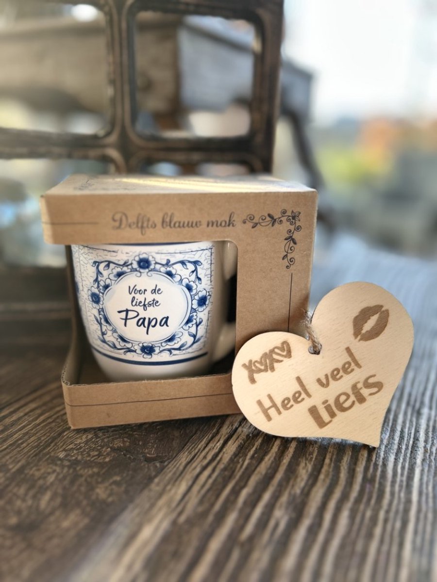 Creaties van Hier – Delfts blauwe mok Papa houten hartje – 10,5 cm – Keramiek