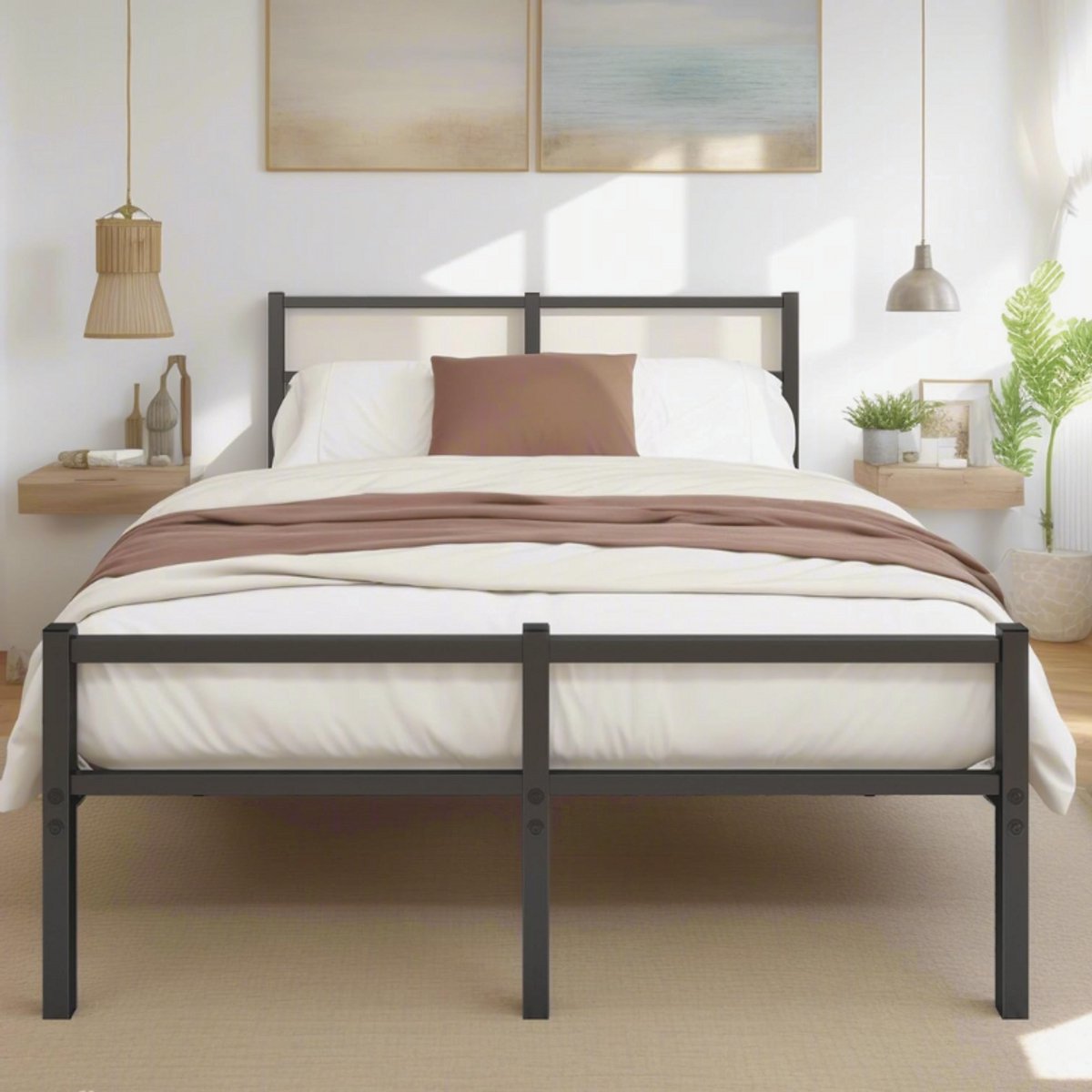 Bed 120 X 200 Cm - Metalen Bedframe Met Lattenbodem - Tweepersoonsbed - Logeerbed - Zwart