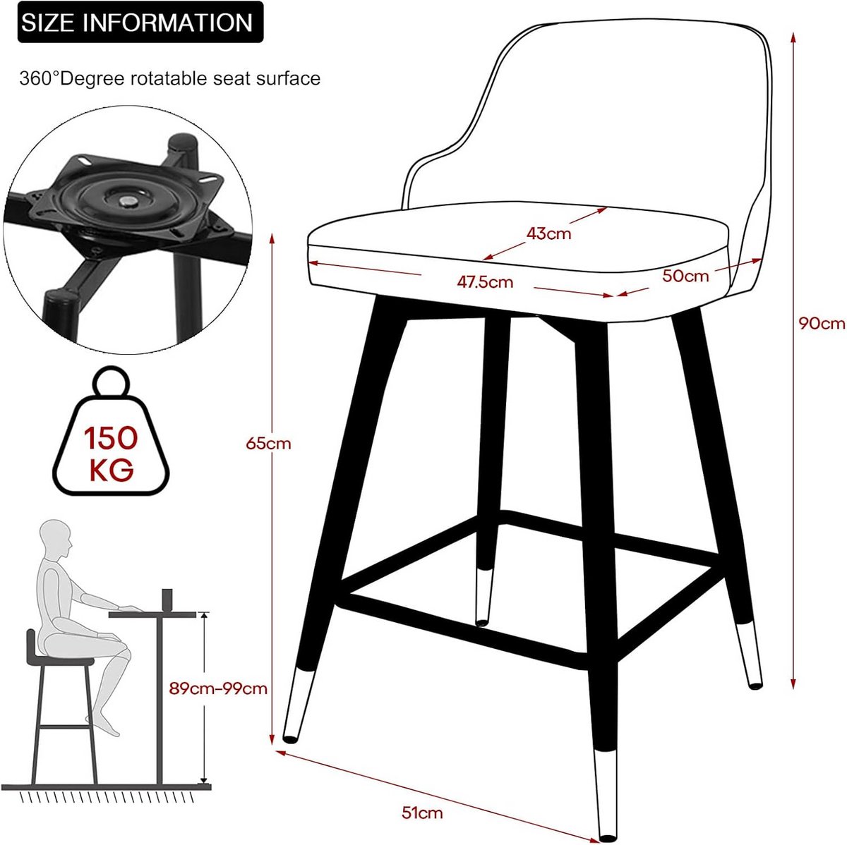 Set van 2 Fluweel Hoge Barstoelen met Rugleuning - Draaibaar en In Hoogte Verstelbaar