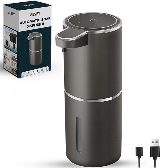 Vesfy Automatische Zeepdispenser Zwart met Wandmontage - USB Oplaadbaar - Infrarood Sensor en Foamfunctie - 380ml - Zeeppompje