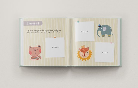 Een zwangerschapsdagboek met plek voor buikfoto's en illustraties van dieren.