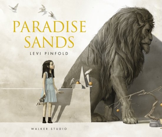Livre 'Paradise Sands' avec une fille en robe bleue à côté d'un lion et le texte 'PARADISE SANDS LEVI PINFOLD WALKER STUDIO'