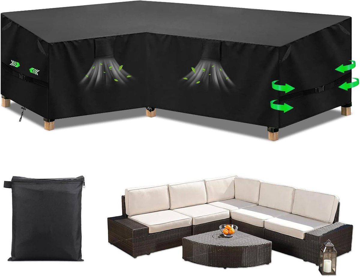 Famanu Tuinmeubelhoes L-vorm - waterdichte en winddichte beschermhoes voor hoekbank en lounge - zwart - duurzaam polyester - beschermt tegen weersinvloeden en vuil