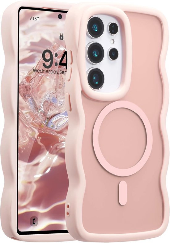 Coque de téléphone rose au design ondulé avec anneau compatible MagSafe. Le téléphone affiche "AT&T" et l'heure "9:41".