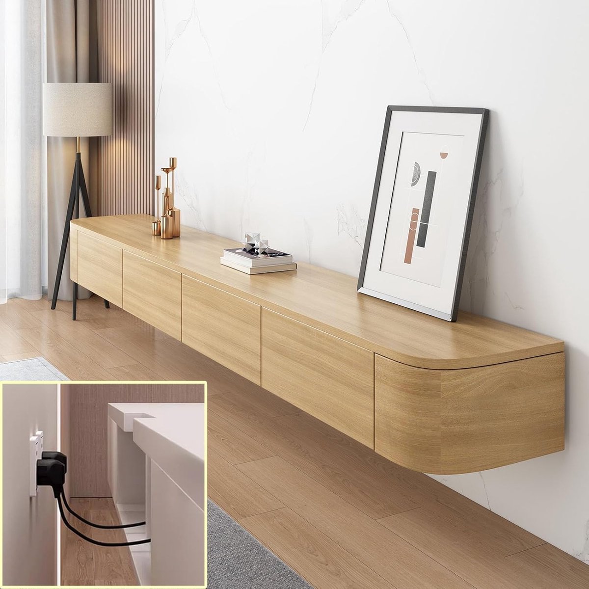 TV-meubel zwevend modern 140x24x20 cm – minimalistisch lowboard met laden en kabelbeheer, grote tv-opbergbank voor woonkamer – Pauwhome