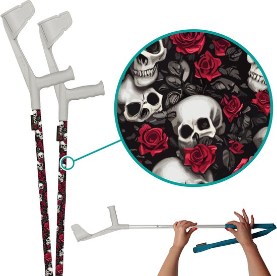 myCover Skulls & Roses - 2 stuks - Trendy hoes voor krukken en wandelstokken, past op elke kruk of wandelstok, elastische stof, wasbaar 30°C, verschillende patronen - Excl. Kruk