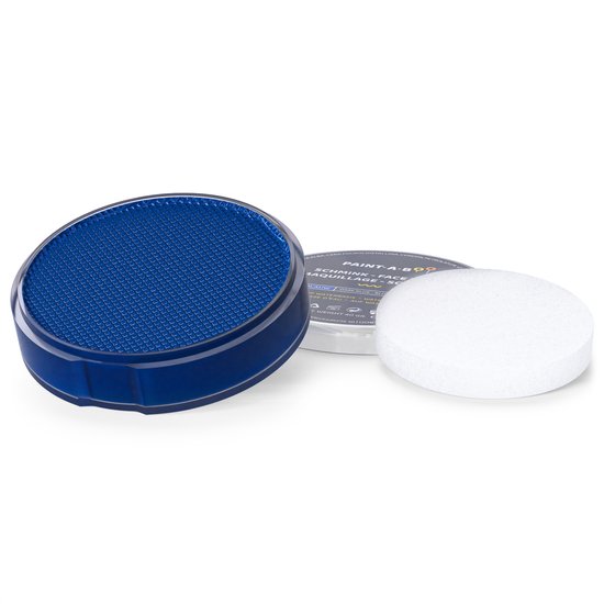 Blauwe schmink pot met geperforeerd oppervlak naast een witte spons.
