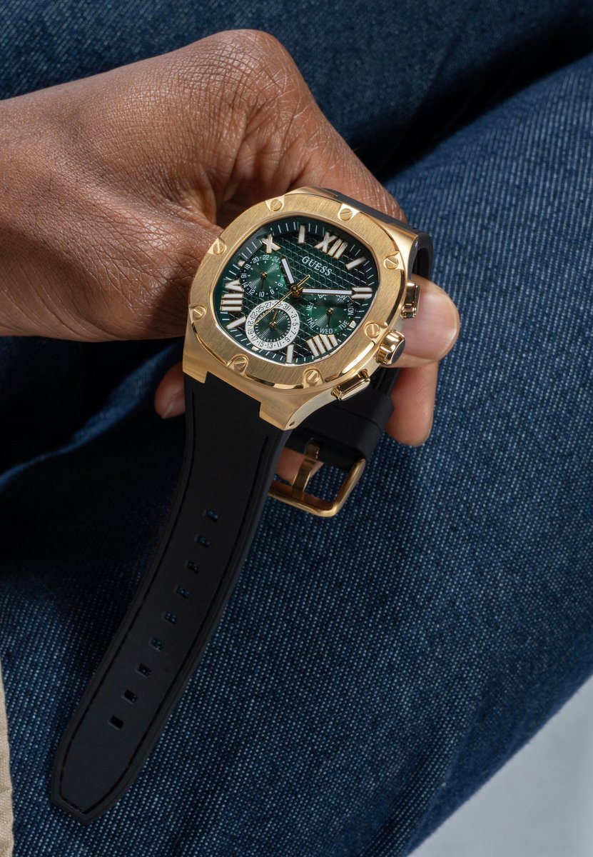 Guess Headline Quartz Analoog Horloge Zwart Kast: 100 % Roestvrij Staal | Band: 100 % Siliconen 42 mm GW0571G3