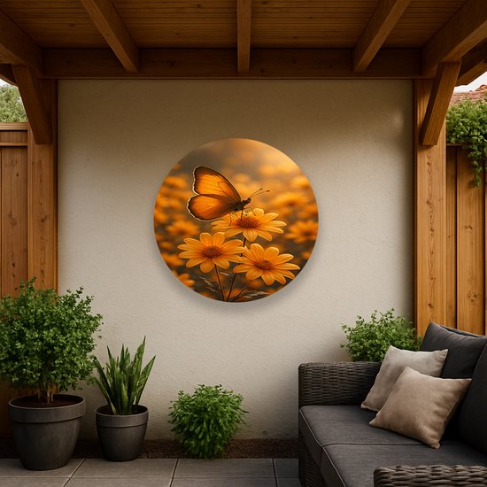 Een oranje vlinder zit op drie oranje margrieten met een zachte oranje achtergrond, opgehangen aan een buitenmuur.