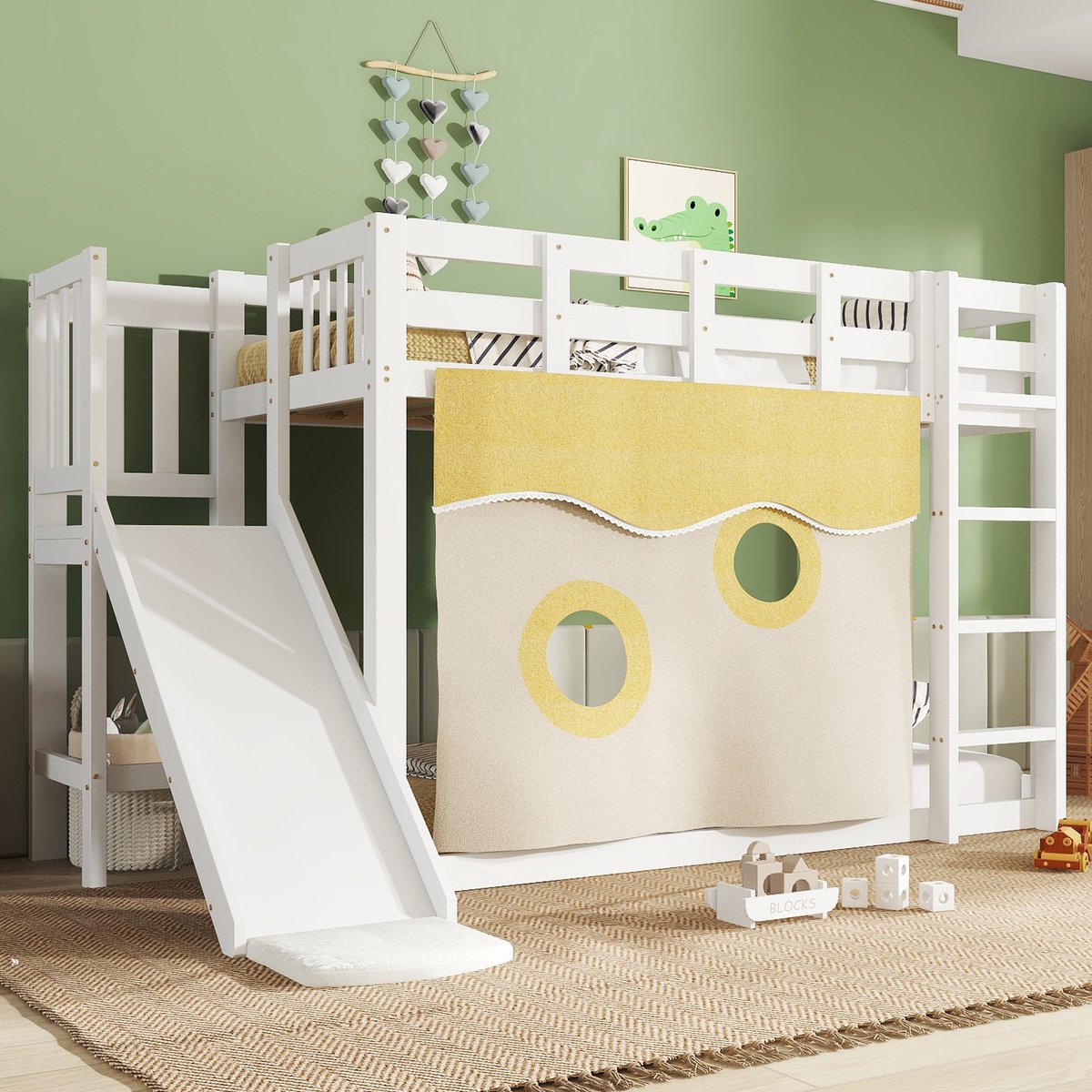 Merax Stapelbed 90x200 cm - houten bed met trap - met bedgordijn - glijbaan - kinderbed met valbeveiliging en leuning - wit - zonder matras