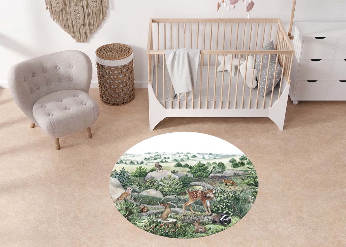 Rond Vinylzeil Happy hills Kikki Belle-vinyl kleed-kinderkamer-spelen-bosdieren-kinderkameraccessoires-vloerkleed