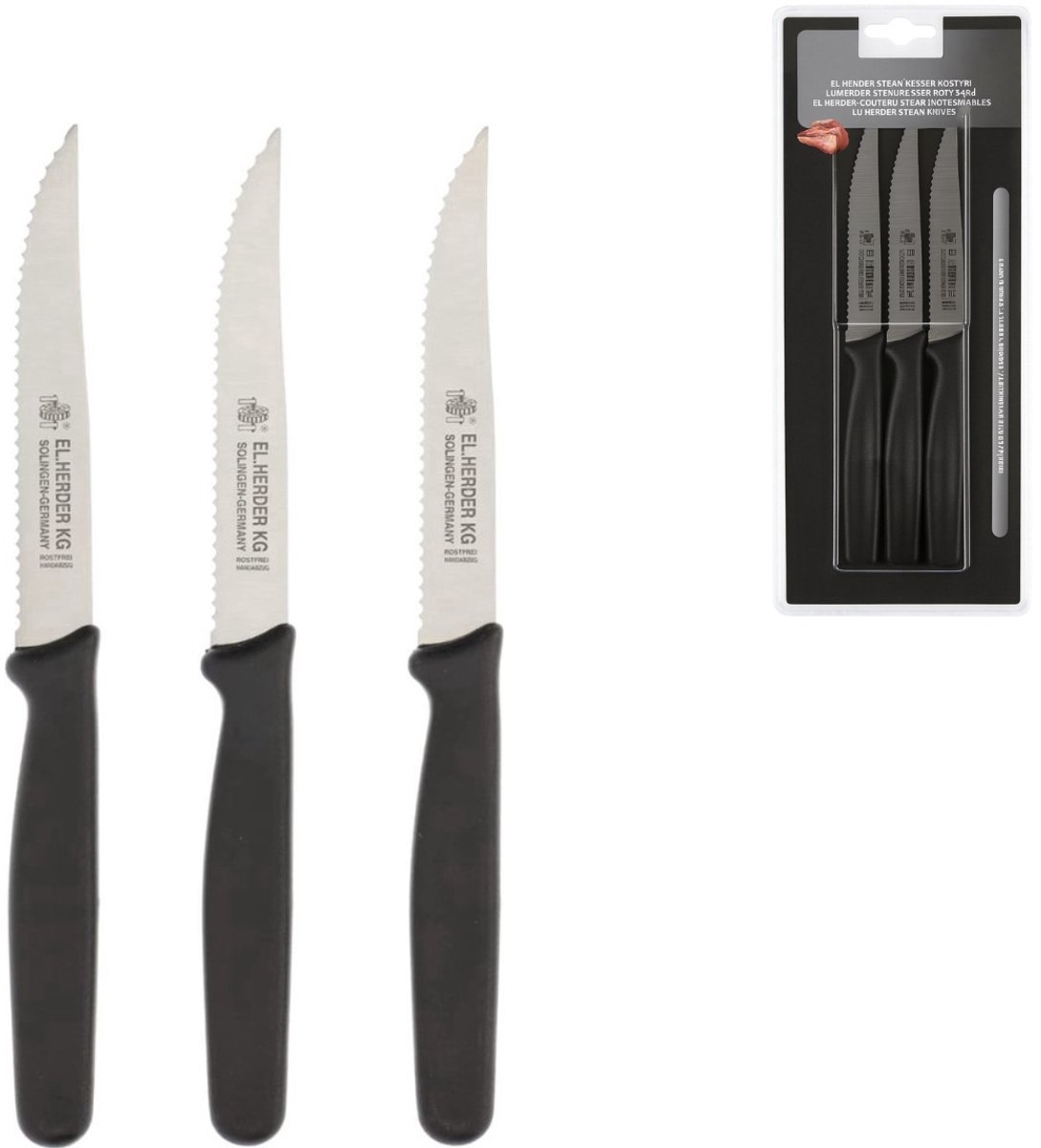 Steakmessen Set van 3 – RVS steak - mes met getand lemmet en kunststof handvat – ideaal voor vlees & diner