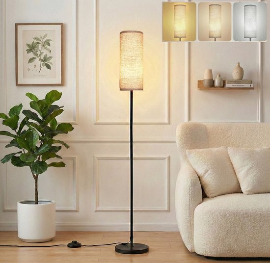 MUPOO Landelijke vloerlamp- Hoeklamp Ruimtebesparend - Minimalist Staande Lamp met Linnen Kap173cm - Inclusief Lamp - Voetschakelaar - -Ideaal voor Woonkamer & Kantoor