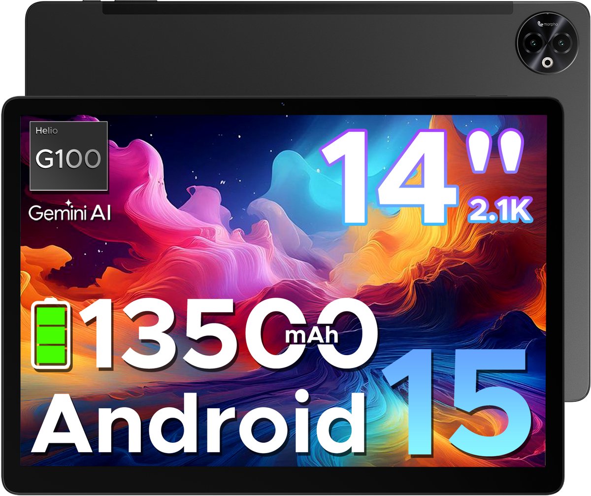 DOOGEE Tab E3 Max - Tablet - 32GB ROM+256GB ROM(2TB TF)- Android 15 - 14 inth IPS - 4G LTE - Gemini AI - Helio G100 - 13500mAh/18W - Quad Speakers - Face ID - 5G Wi-Fi - A GPS - GPS - Zwart