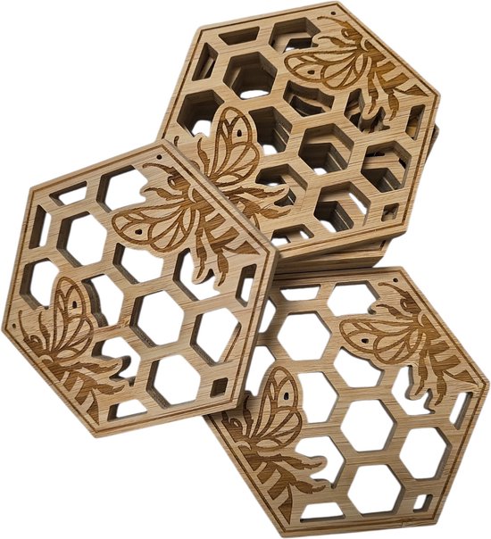 Dessous de Verre en Bois Nid d'Abeille – Set de 6 – Bambou – Design Abeilles