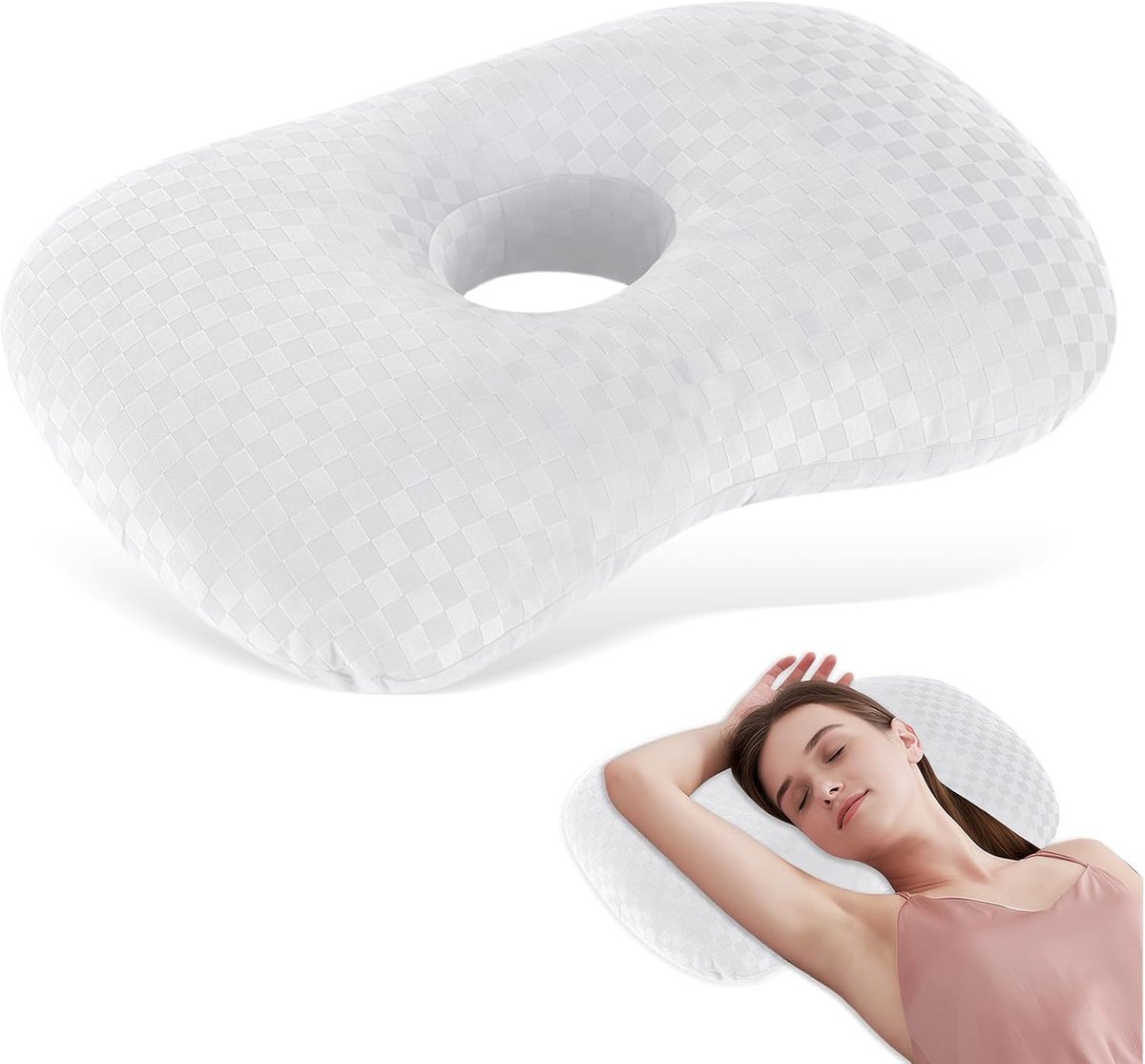 OIMG Piercing Kussen - Orthopedisch Oorkussen voor Zijslapers - Gatdiameter 8,9 cm - Donut Kussen met Gat voor Piercing Verzorging - Verlicht Oorpijn bij Ontsteking - 43.9cmx32cm - Ringkussen - Piercingkussen - Hoofd Kussen - wit