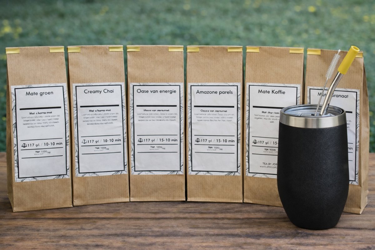 Maté Compleet starterspakket, compleet met populaire Yerba Kalebas, Bombilla en zes smaken heerlijke Maté