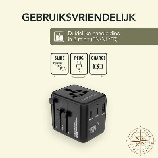 Zwarte reisadapter van GlobeTrek met schuifbare stekkers, 2 USB-C en 1 USB-A poort. Duidelijke handleiding in 3 talen (EN/NL/FR) en illustraties 'Slide, Plug, Charge'.
