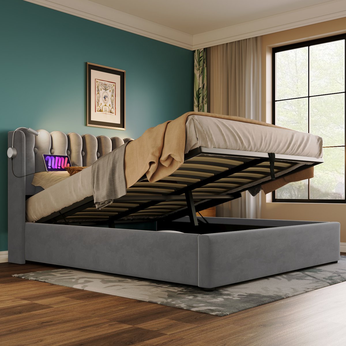 REDOM Opbergbed 90x200 cm – Fluweel – Hydraulisch – Leeslamp & USB – Grijs – 150 kg