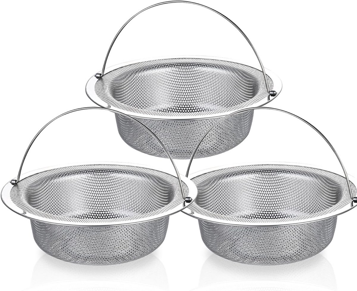 3x Gootsteenzeef RVS Voedselvanger Afvoerzeef met Handvat en Brede Rand 11,5 cm