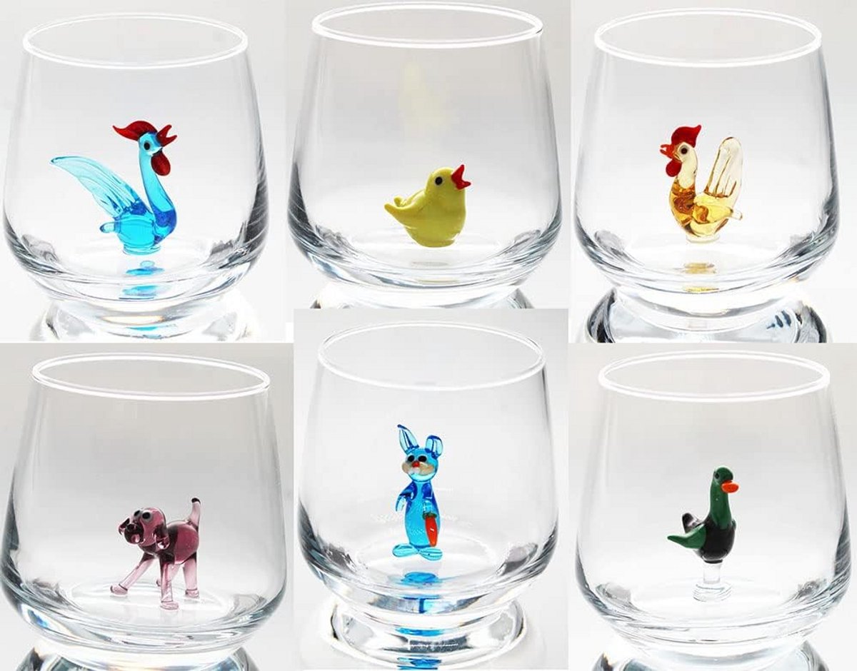 Set van 6 Handgemaakte 3D Dieren Drinkglazen voor Water en Wijn