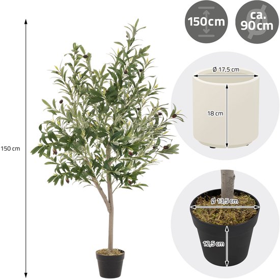 Olivier artificiel 150cm plante artificielle avec tronc en bois naturel et fruit design ML