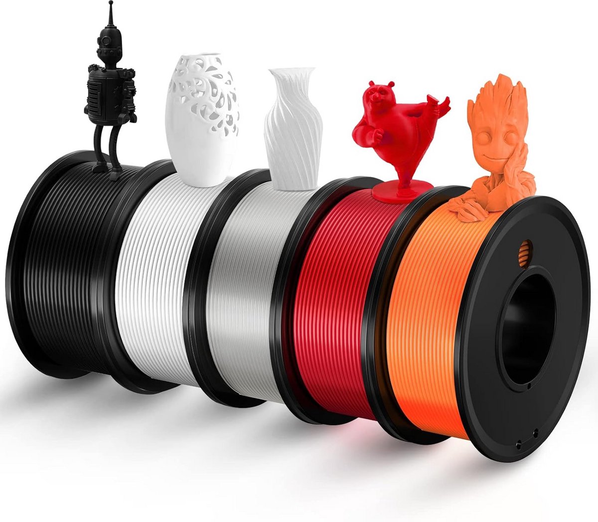 PLA 1.75mm 3D Printer Filament Set - 5 Kleuren Bundel (Wit, Zwart, Helder, Rood, Oranje)