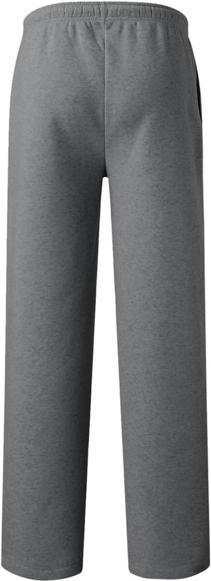 Achterkant van grijze joggingbroek met trekkoord, wijde pijpen.