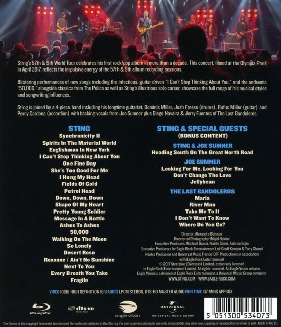 Concertposter met Sting en band live op podium. Bovenin Sting met gitaar, onderaan de setlist met nummers.