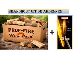 Prof-Fire | 10 Kg Klein Gekliefd Droog BrandHout (Ardennen) + Doos Lange Lucifers 28 cm - Haardhout - Stookhout in Doos (Mix van Eik, Beuk, Es... )- CO2 Neutraal - Open Haard - Vuurschaal - Kachel - BBQ - Pizza Oven - Hout Uit de Ardennen