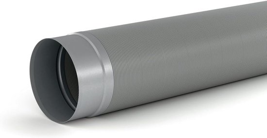 Grijze flexibele ventilatiebuis van aluminium met geribbelde textuur en een gladde aansluiting aan het uiteinde.