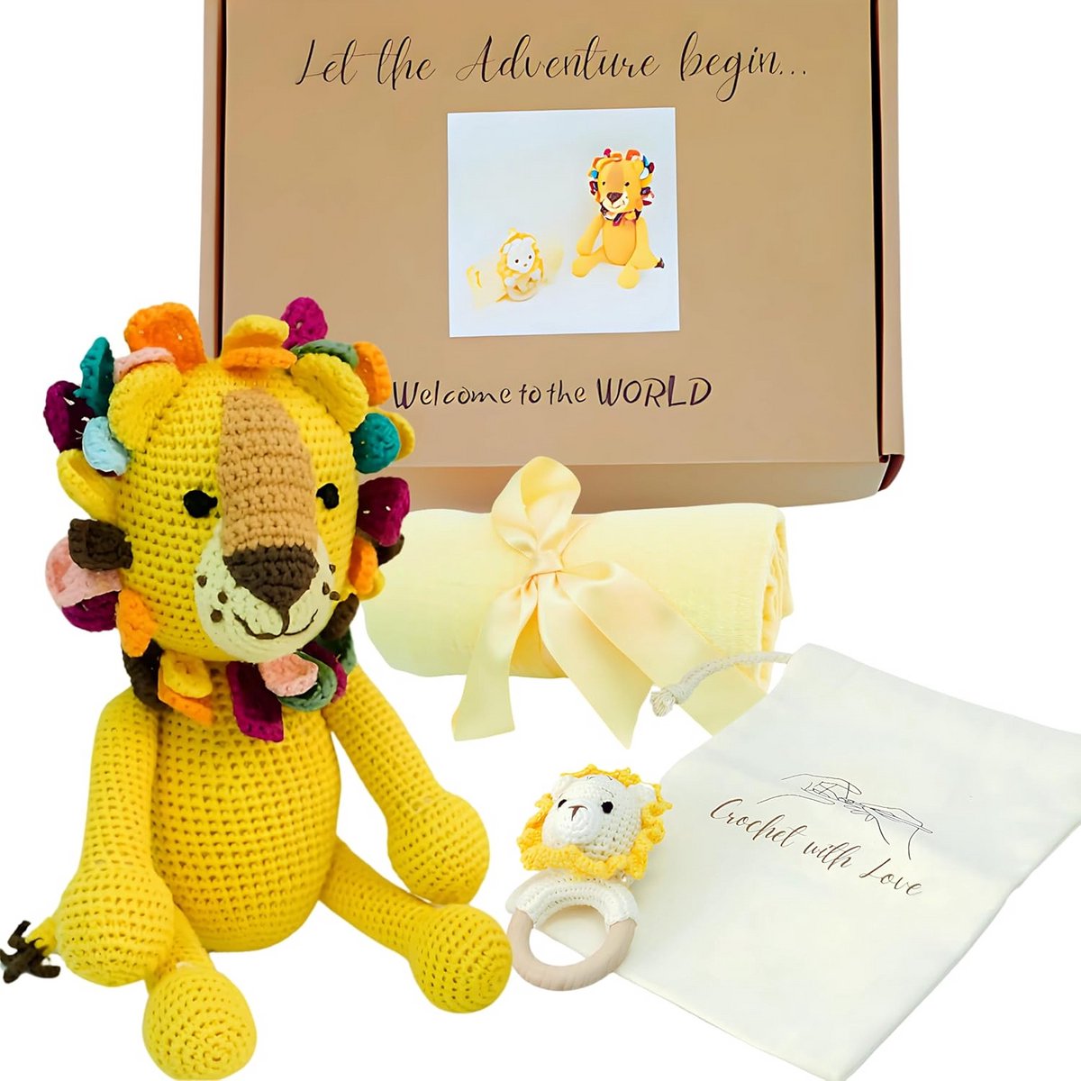 Luxe 4-delige Babyshower Cadeauset met Leeuwenthema: Knuffel, Rammelaar, Handdoek en Tas
