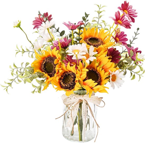 Zijden Kunstbloemen Boeket in Glazen Vaas - Realistisch Zonnebloem Arrangement voor Woondecoratie