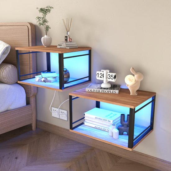 Nachtkastjes - Bruine nachtkastjes - Set van 2 nachtkastjes - Houten nachtkastjes met lamp, dubbel zwevend ontwerp - Nachtkastjes met open vakken, geschikt voor slaapkamers, woonkamers en appartementen
