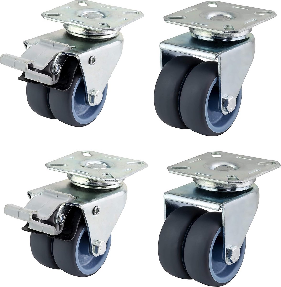 Zwenkwielen met Rem - Set van 4 - 50mm Dubbele Wielen - Niet-Marrend - Maximale Belasting 250kg
