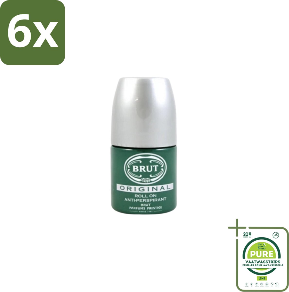Brut – Deodorant Roll-On – Original – Glas – 50 ml - Voordeelverpakking - 6 stuks - Deodorant voor mannen - Zweetgeur bestrijding