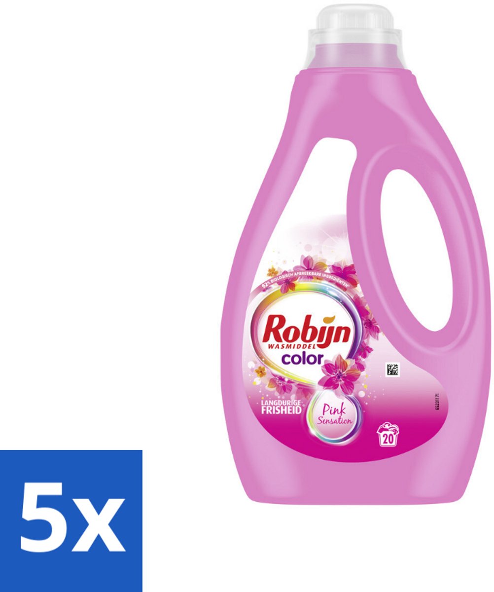 5 x Robijn Vloeibaar Wasmiddel Color Pink Sensation 20 Wasbeurten 1 liter - Kleurverzorging - Frisheid - Geur - Wasmiddel - Bonte Was