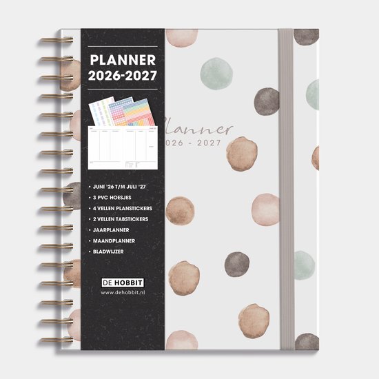 Hobbit - Luxe Weekplanner 2026-2027 - 1 week op 2 pagina's - Harde Kaft - Spiraal gebonden - Planner A5+ (23 x 18,5 cm) - Waterverf stip
