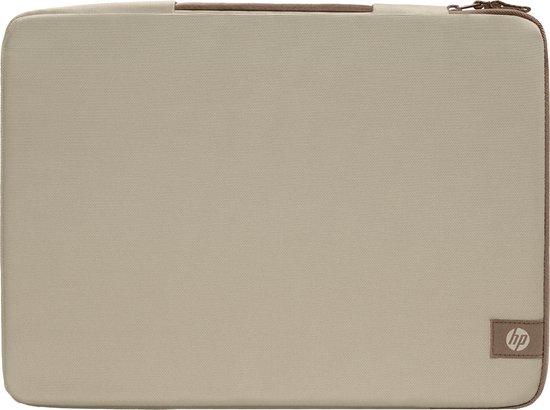 Housse d'ordinateur portable beige avec détails marron et logo HP.
