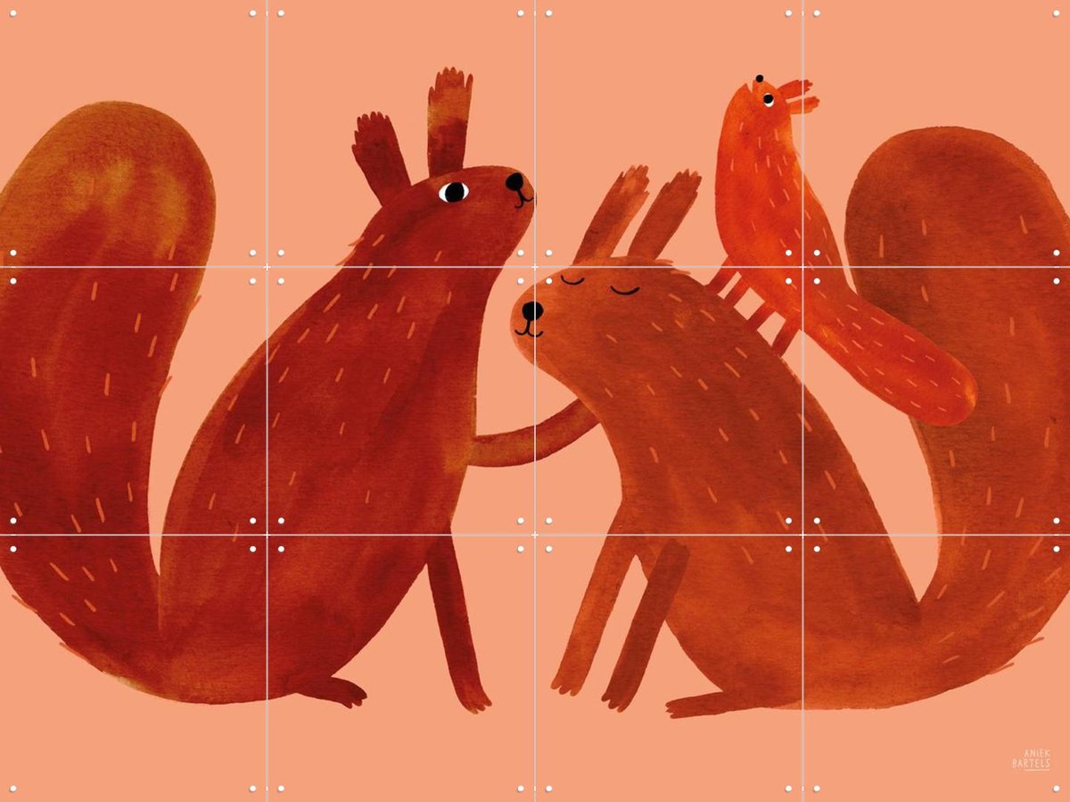 IXXI Squirrel Family, Aniek Bartels - 80 x 60 cm - Gratis ophangtool - Grote wanddecoratie en posters - Kleurrijk, Fantasierijk, Cartoonesk
