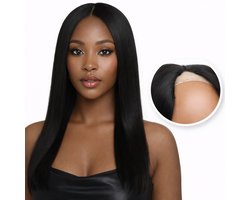 SassyGoods Pruik V Part Haarstuk 100% Echt Remy Haar Human Hair Wig - Zwarte Pruik Lang Haar Dames – 1B Zwart – 55 cm