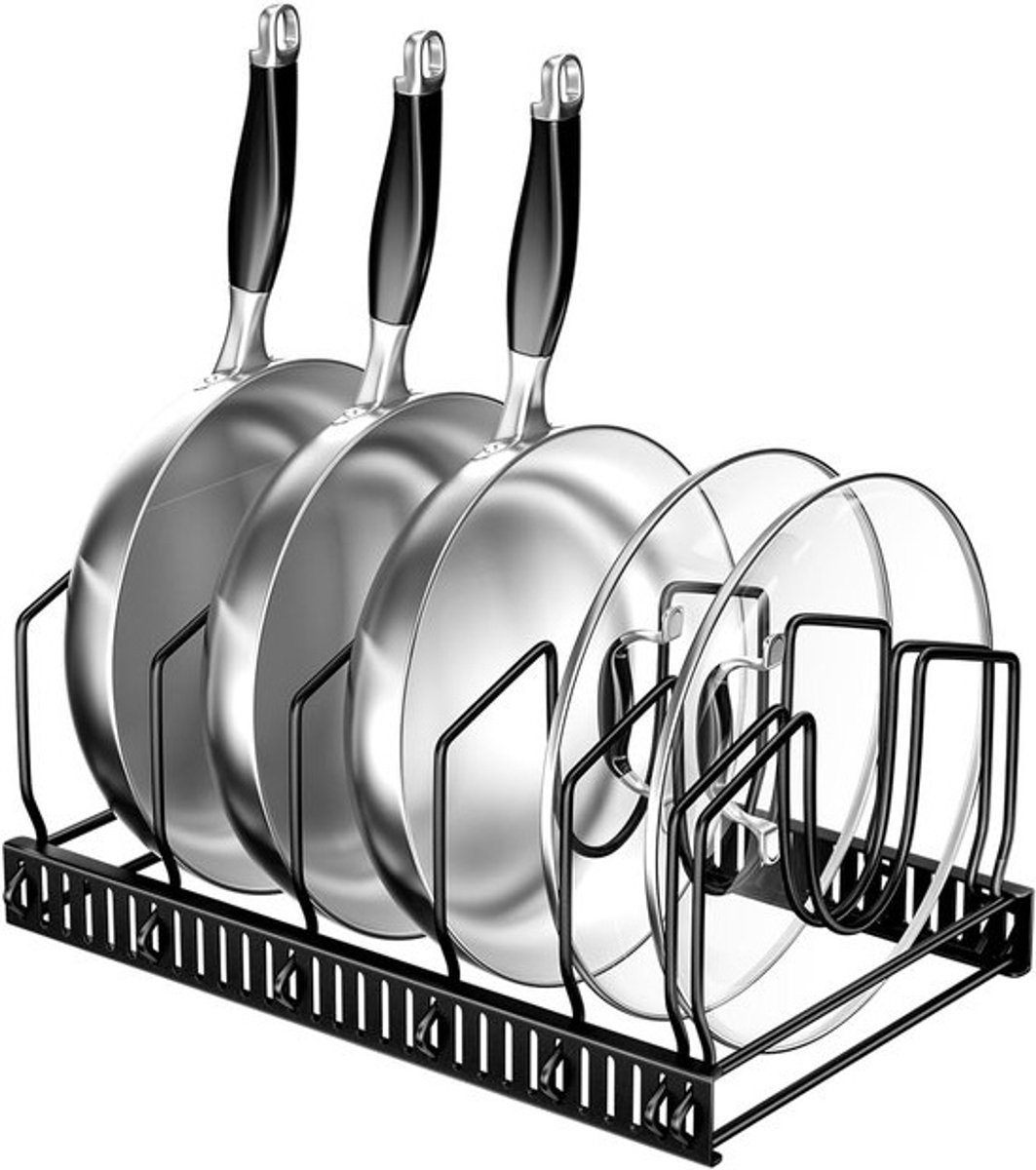 Pannenrek - Zwart - Keukenrek voor 5 pannen - Pannendeksel houder - Bordenrek - Dekselhouder - Keuken organizer - Dekselstandaard - Pannenstandaard - Potdekselhouder - Bordenstandaard