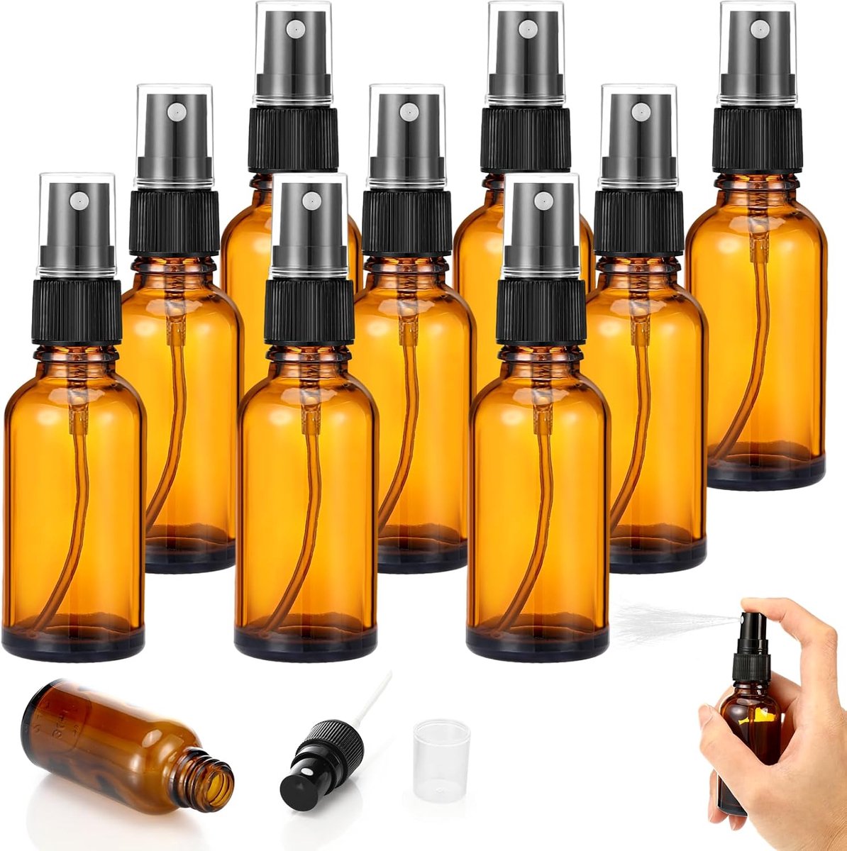 Ultiluxe® Lege spuitflessen - 10 stuks - Kleine verstuivers - Voor parfum, etherische oliën of roomspray - 50 ml - Handig tijdens reizen en vakanties - 11 x 3.3 cm - Bruin/zwart