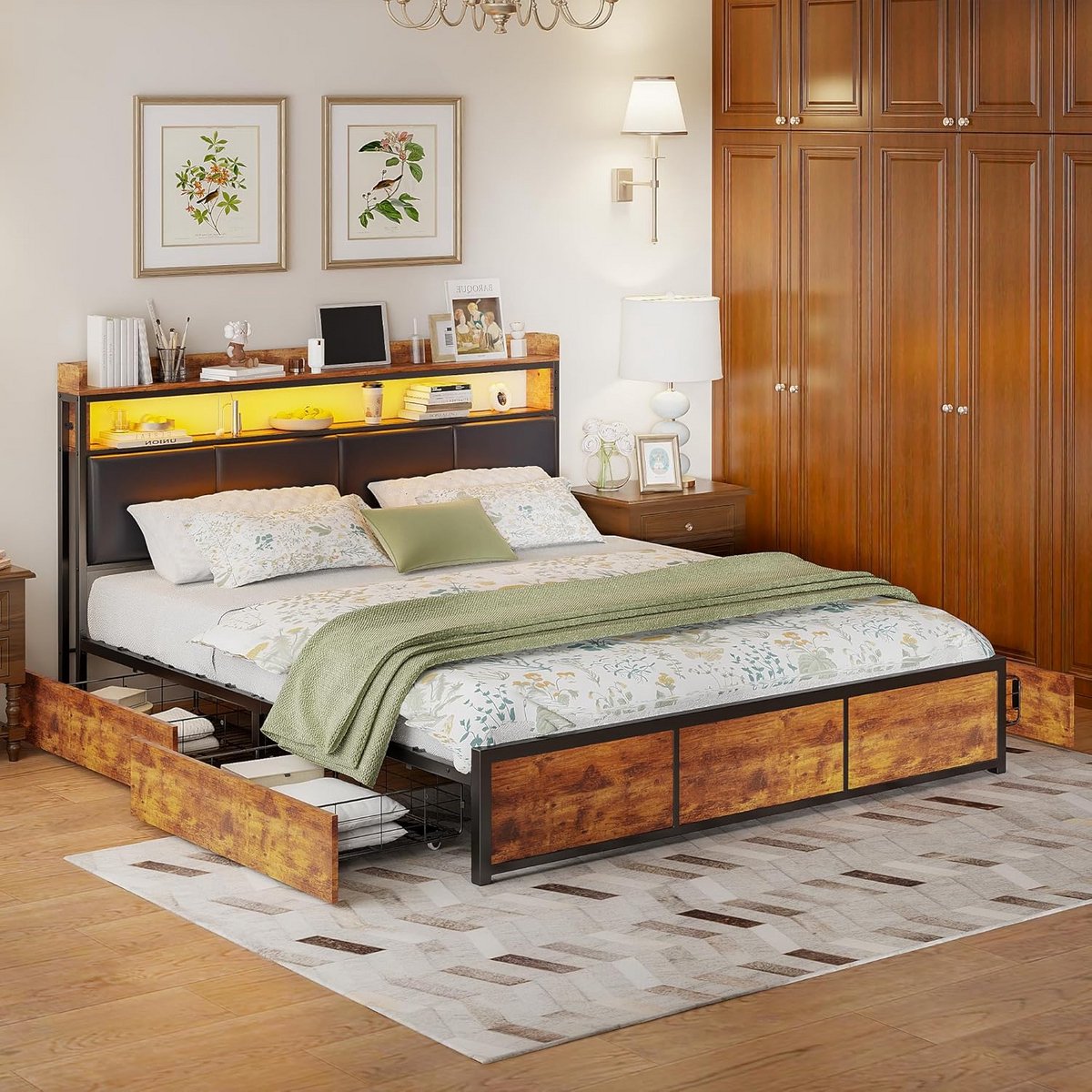 Tweepersoonsbed 140x200 cm met LED Verlichting en Opberglades