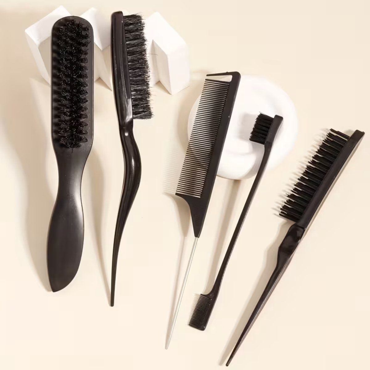 FA-VE Slick Back Brush Set Zwart – 5-delige Haarborstel & Kam Set – Voor Strakke Hairstyles, Styling & Afwerking