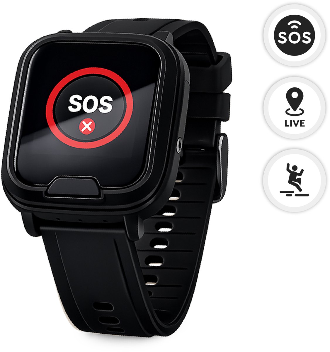 mijnSOS® Alarm Horloge Ouderen - 4G Alarmknop voor Senioren - Valdetectie & GPS Tracker - 4G zonder Abonnement - SOS Noodknop Personenalarmering - Persoonsalarm / Persoonlijk Alarm met Hartslagmeter - Zwart