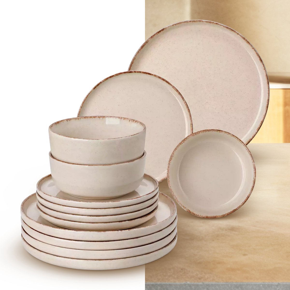 Luxe Serviesset – 18 delig – 6 persoons – Steengoed - Bordenset – Dinner platen – Dessertborden - Kommen - Beige
